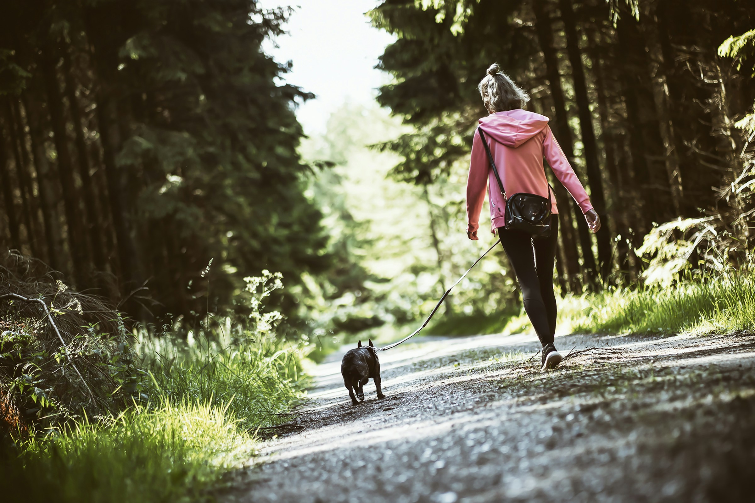 A person walking their dog on a wooded neighborhood trail